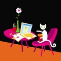 Cats life. The cartoon white cat with a big cup of soft drink publishes a post on social media. Royalty Free Stock Photo