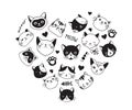 Cats Love, collection of vector icons, hand drawn illustrations with heart