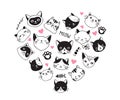Cats Love, collection of vector icons, hand drawn illustrations with heart