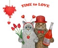 Cats in love hold tulips and red wine Royalty Free Stock Photo