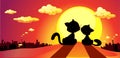 cats in love silhouette in sunset - vector