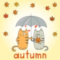 Cats in love under an umbrella. Autumn card template.