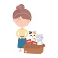 Cats make me happy, old woman with food and cat in box cartoon
