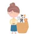 Cats make me happy, woman with food bowl and cats in wicker basket