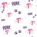 Cats mustache, nose, paw, in pink, purple colors the seamless pattern on white background.vector illustration.fashion