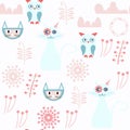 Cats and owls abstract vector seamless pattern. It is located in swatch menu. Colorful background for surface design
