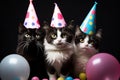 Cats with party hats and balloons celebrate life on black background. Generative AI