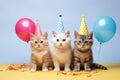 Cats with party hats and balloons celebrate life on blue and yellow background. Generative AI