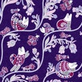 Seamless vector pattern - cute cats and birds with ethnic and floral ornament on violet background