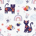 Floral seamless pattern with cats, rainbows and birds, folk style Royalty Free Stock Photo