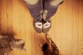 Cats pawing at person with cat socks on
