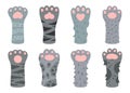 Cats paws. Fluffy cat paw, spotted and striped domestic animals feet. Kitty cat paws flat vector illustration set isolated on