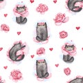 Cats and peonies. Kittens and flowers. Seamless pattern