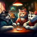 Cats playing poker in a pub or restaurant. Digital painting. AI generated