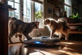 Cats plays in kitchen with robot vacuum cleaner. Generative AI. Generative AI