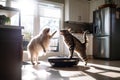 Cats plays in kitchen with robot vacuum cleaner. Generative AI. Generative AI