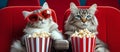 cats with pop corn at cinema, AI generated Royalty Free Stock Photo