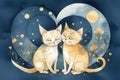 Cats romantic on the background of a heart with a print, illustration. Generative AI