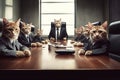 Cats rulers of the world, wearing tailored suits and holding corporate board meetings to discuss advancements in catnip technology