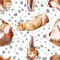 Cats seamless pattern, assorted cats and colorful dots on a white background watercolor illustration