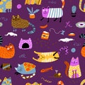 Cats seamless pattern. Funny colorful characters in different poses in a house mess. Nursery Vector hand-drawn Royalty Free Stock Photo