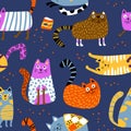 Cats seamless pattern. Funny colorful characters in different poses, and a mess of food. Nursery kids Vector hand-drawn Royalty Free Stock Photo