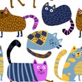 Cats seamless pattern. Funny colorful characters in different poses. Vector hand-drawn illustration in simple Royalty Free Stock Photo