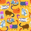 Cats seamless pattern. Funny colorful characters in different poses. Vector hand-drawn illustration in simple Royalty Free Stock Photo