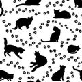 Cats seamless pattern. Kitten silhouette background