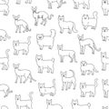 Cats seamless pattern vector black white domestic pedigree pets laterally contour sketch background.