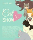 Cats show invitation card grooming or veterinary feline flyer vector illustration. Cute kitten pet poster. Funny animal