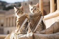 Cats sit on the steps of an ancient temple in ancient Roman costumes. Funny illustration of ancient Rome with animals Royalty Free Stock Photo