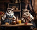 Cats sitting in an old tavern are wearing vintage outfits.