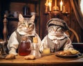 Cats sitting in an old tavern are wearing vintage outfits.