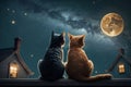 Cats sitting on roof at night, Cats on Roof at Night Royalty Free Stock Photo