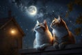 Cats sitting on roof at night, Two cats on roof gazing at the moon and stars at night Royalty Free Stock Photo