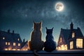 Cats sitting on roof at night, two pets looking at moon and stars in sky, generative AI