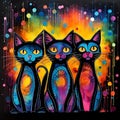 Cats are sitting together on a colorful background with vibrant bubbles surrounding them