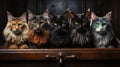 Cats sitting on a wooden table in a dark room. Royalty Free Stock Photo