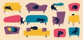 Cats on sofas and chairs. Cartoon funny pet animals on couch armchairs. Sleeping cats sofa, stools. Vector furniture set