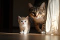 cats teaching stealth, a grown cat guides a kitten through a living room maze, teaching agile movement as light filters