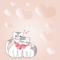 Two cats cuddling tied together with bow and hearts in the background display love and harmony among lovers. Heart Royalty Free Stock Photo