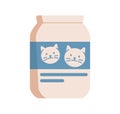 Cats treats in bottle pack. Feline animals feed package. Jar of kittens food. Vet pets supplies for kitties. Flat vector Royalty Free Stock Photo