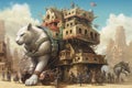 Cats using trojan horse to conquer a town illustration generative ai