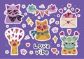 Cats for Valentine's Day stickers set. Vector collection of cute romantic kittens. Pets are in love, smiling, angry Royalty Free Stock Photo