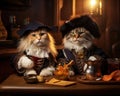 Cats wearing pirate clothes are sitting in an old tavern.