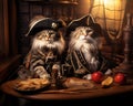 Cats wearing pirate clothes are sitting in an old tavern.