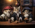 Cats wearing pirate clothes are sitting in an old tavern.