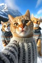 Cats wearing sweaters make selfie, funny pets on vacation in mountains, generative AI