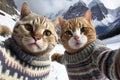 Cats wearing sweaters make selfie, funny pets on vacation in mountains, generative AI